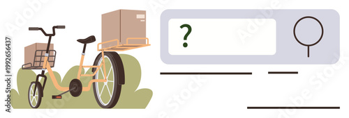 Delivery services, eco-friendly transportation, logistics, e-commerce, search solutions, parcel tracking. Bicycle with packages and a search bar interface. Delivery services and eco-friendly