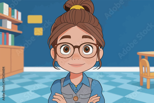 Young girl with glasses poses in a room with blue walls and bookshelves while smiling at the viewer
