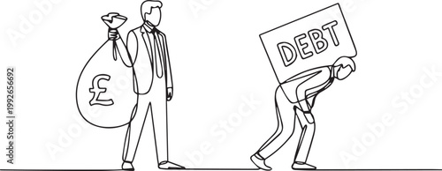 Businessman with money bag and another person carrying debt sign