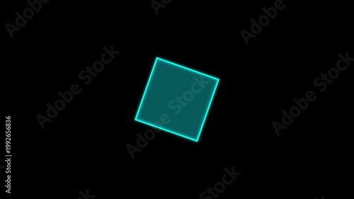 Seamless 2D motion loop of luminous translucent cyan rectangular polygons forming an abstract geometric pattern on a solid black background.