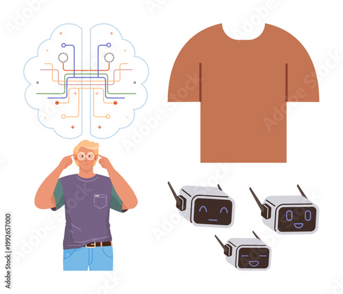 Artificial intelligence, technology innovation, wearable gadgets, robotics, human-machine interaction, futuristic designs. Person with glasses, digital cloud network robots brown shirt. Artificial