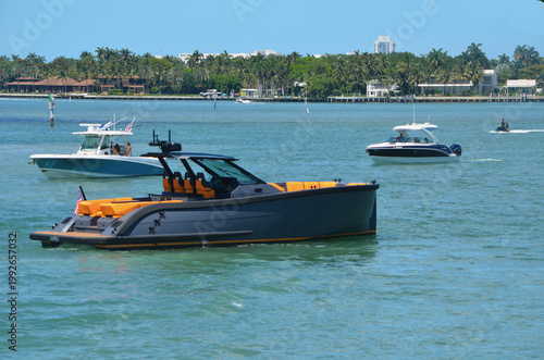 High-end motorboat on the Florida Intracoastal Waterway near Miami Beach