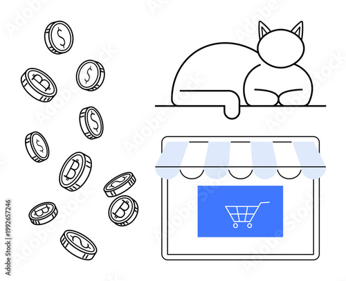 Cryptocurrency, online shopping, e-commerce, blockchain, digital payments, financial innovation. Coins with currency symbols, a storefront with a cart symbol and a cat figure. E-commerce