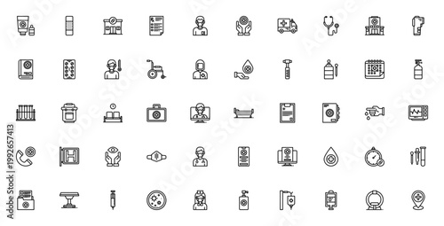 Hospital and healthcare icon set. Medical vector icons pack. Includes medicine, ambulance, stethoscope, doctor, pharmacy, mask, syringe, first aid kit and more. Editable stroke.