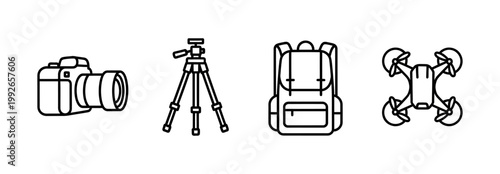 Collection of essential outdoor adventure photography gear including a camera, tripod, backpack, and drone for capturing stunning visuals