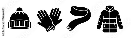 A versatile collection of essential winter clothing icons featuring a warm beanie, cozy gloves, a stylish scarf, and a protective puffer jacket, ideal for cold weather designs and seasonal themes