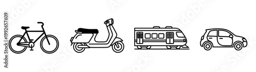 Variety of line art vehicle icons illustrating different personal and public transport solutions for travel, commute, and urban mobility concepts for modern design projects