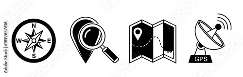 Diverse collection of navigation and location-finding vector icons, featuring a traditional compass, detailed map, search magnifying glass, and satellite GPS technology symbols