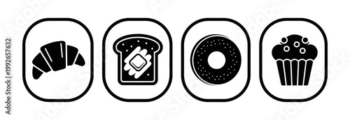 Collection of iconic baked goods presented in a line croissant, buttered toast, bagel, and cupcake, each in its own frame