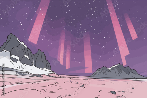 Vibrant lights shine in the dark sky over a snowy landscape during a clear night in the Arctic region