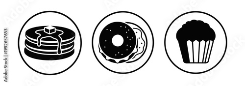 Three circular icons showcasing popular breakfast and dessert items pancakes with syrup, a glazed donut, and a frosted cupcake