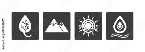 A Set of Four Icons Representing Nature Leaf, Mountains, Sun and Water Drop
