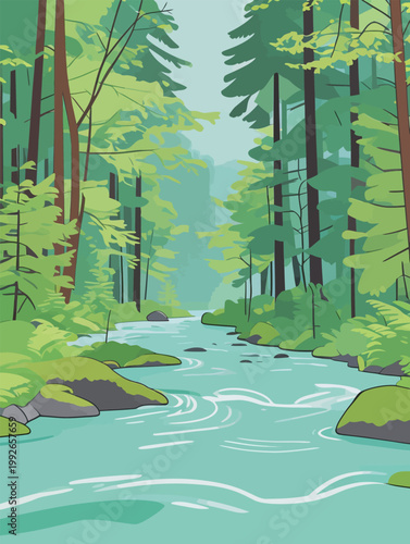 Forest stream flows through green trees in a remote area during daytime