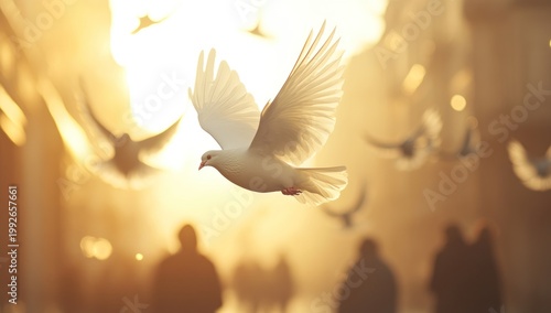 White Dove in Flight Against Golden Sunlight with Blurred Background