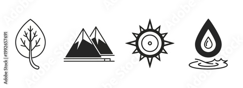 Nature icons representing a leaf, mountains, sun, and a water droplet on water surface