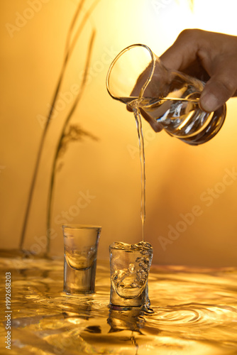 Foto Pouring baijiu into shot glass on golden reflective surface