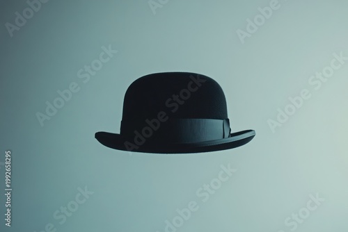 Floating Black Bowler Hat on Minimalist Teal Gradient Background