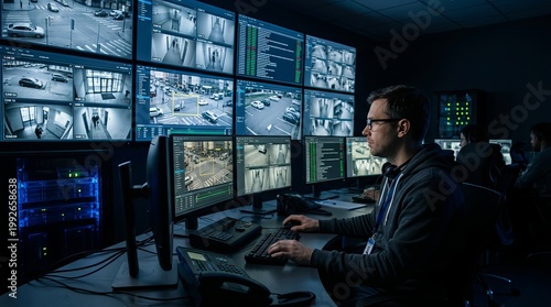 Security analyst monitoring multiple live surveillance camera feeds in a dark control room.