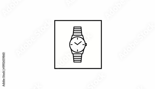 Minimalist line art icon of a classic wristwatch with metal bracelet on white background