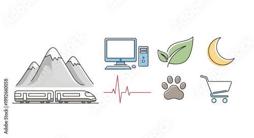 Icons representing nature, travel, technology, health, animals, and shopping