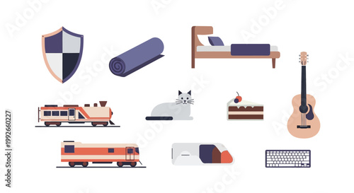 Set of modern flat vector icons featuring lifestyle objects, animals, and transport elements