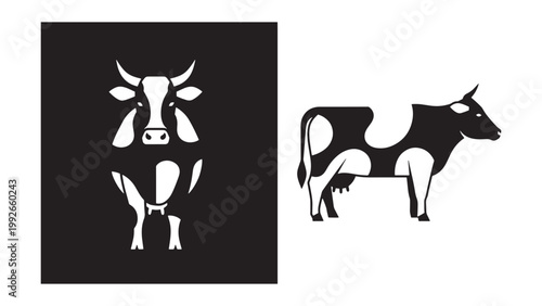 Stylized Black and White Cow Illustrations for Dairy Farm Logos, Milk Product Branding, and Agricultural Graphic Design.