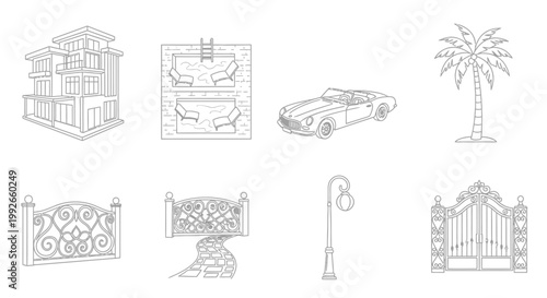 Set of luxury real estate and lifestyle line art icons.