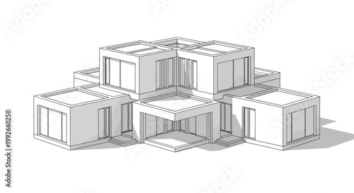 Architectural line drawing of a modern modular cubic house concept