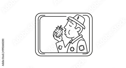 Man in Hat Enjoys Fresh Strawberry, Line Art Illustration