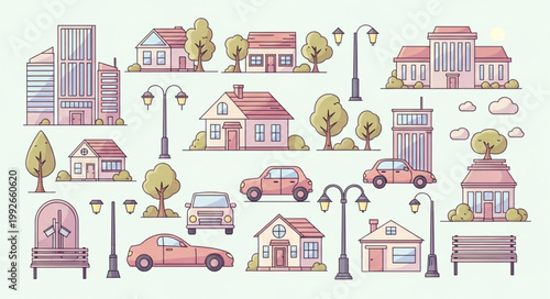 Collection of cartoon houses cars and streetlights.