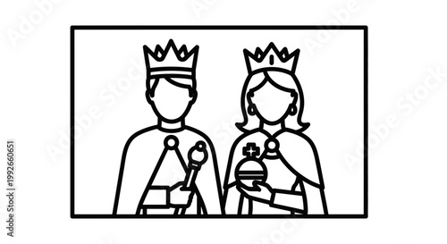 King and Queen Couple Icon, Royal Monarchy Symbols, Line Art Illustration