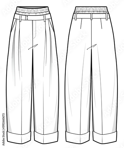 Schilderij op canvas Women High Waist Pleated Wide Leg Pants Technical Flat Sketch, Tailored Trousers