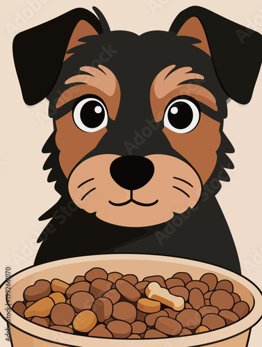 Cute dog is waiting for food in a bowl as it looks straight at the viewer and shows excitement and happiness for mealtime