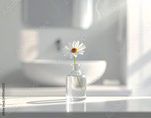 清潔感のあるサニタリースペースに置かれた可愛らしいデージーと柔らかな日光
