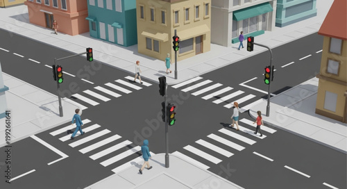 Busy City Intersection with Pedestrian Crosswalks and Traffic Lights.