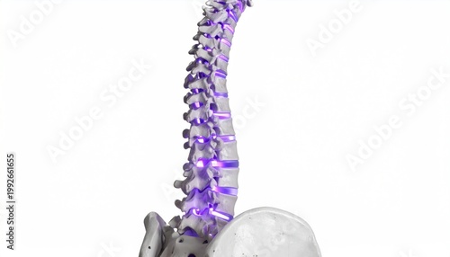Human Spine Anatomy Model with Purple Highlight.