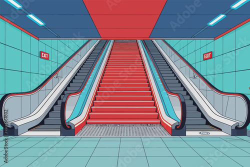 Escalator and stairs in a subway station showing two exits during the day