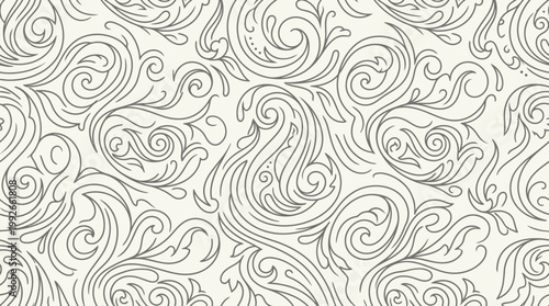 Intricate neutral-toned swirling paisley pattern texture for backgrounds and design projects.