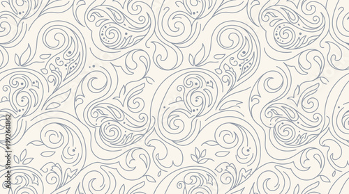 Intricate Gray Paisley Pattern with Ornamental Swirls and Floral Filigree for Seamless Background.