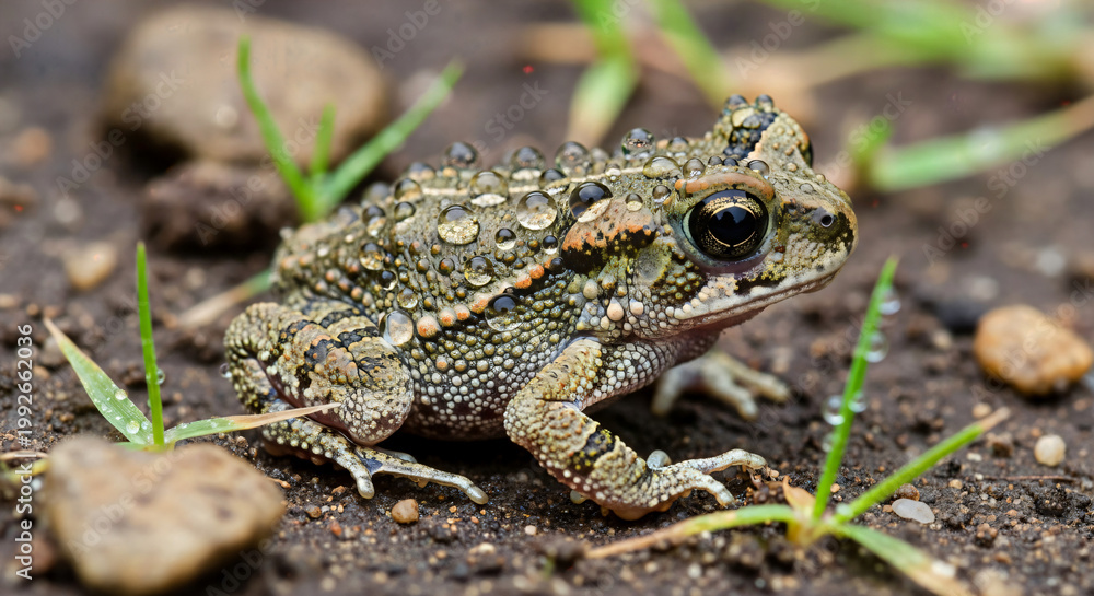Fototapeta premium Bumpy Toad Skin with Sparkling Water Droplets Macro Close-up