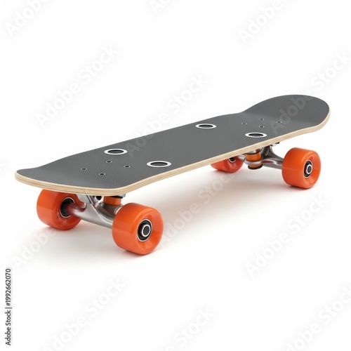 Classic longboard skateboard with vibrant orange wheels for cruising and commuting isolated on white background