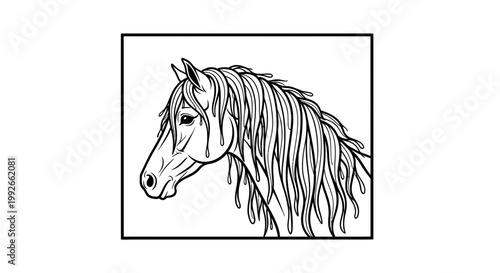 Elegant Horse Head Silhouette, Majestic Mane, Black and White Line Art
