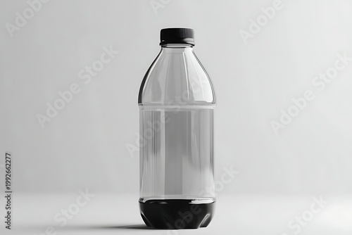 Clear Plastic Bottle with Black Cap and Base on White Background.