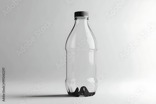 Clear Plastic Bottle with Black Cap on a White Background.