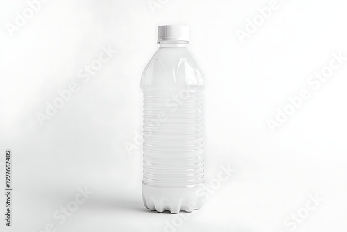 Clear plastic water bottle with a white cap isolated on a white background.