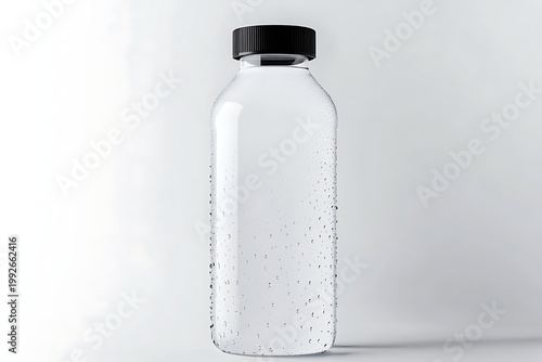 Clear Plastic Water Bottle with Black Cap on White Background.