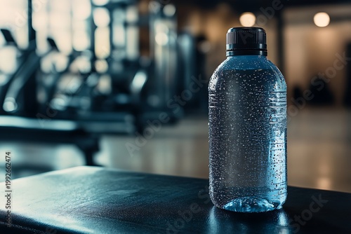 Clear Water Bottle on Gym Bench with Blurred Exercise Equipment Background.