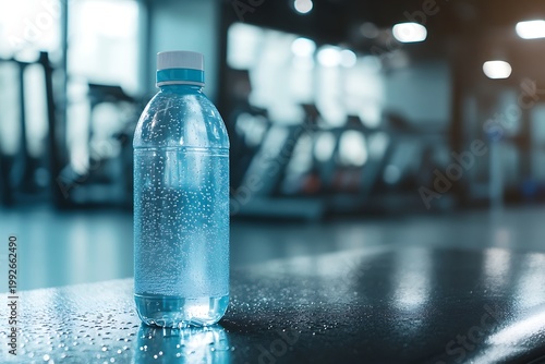 Clear Water Bottle on a Gym Floor with Treadmills in the Background.