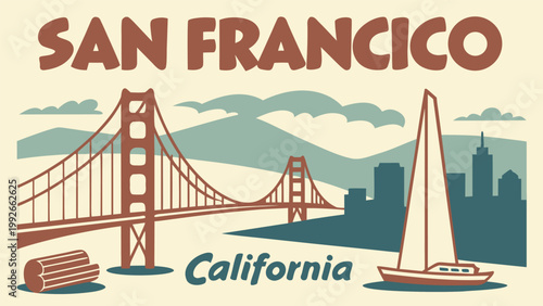 San Francisco CA skyline silhouette with Golden Gate Bridge minimalist illustration