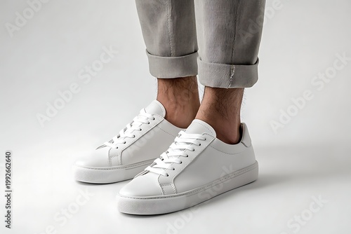 Clean White Sneakers on a Person Wearing Casual Trousers.